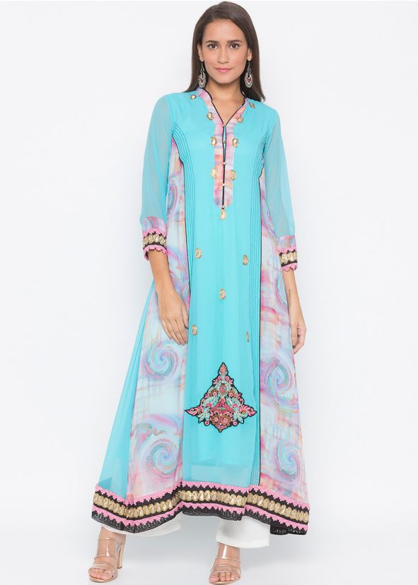 Blue Printed Readymade Long Kurta Set In Georgette