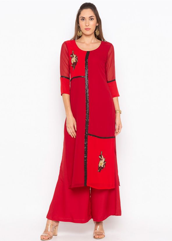 Red Sequins Embroidered Readymade Kurta Set