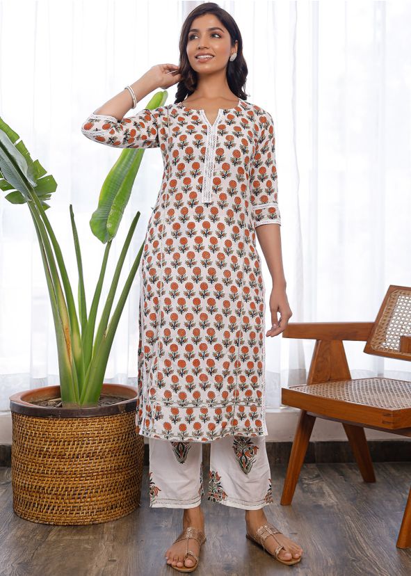 White Hand Block Printed Kurta Set