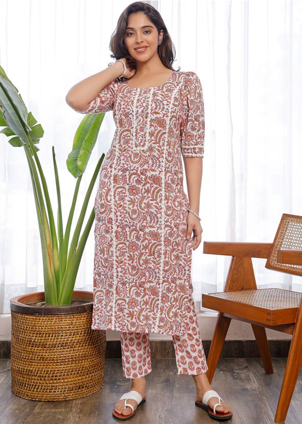 Readymade White Kurta With Pant In Hand Block Print