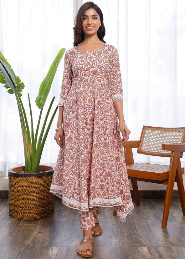 Off White Cotton Hand Block Print Kurta With Pant