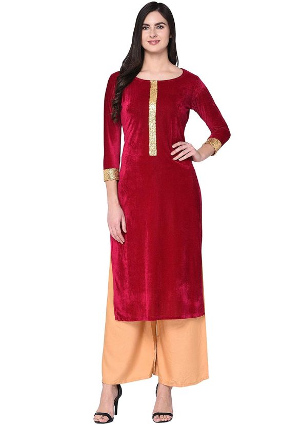 Red Straight Cut Readymade Kurta With Palazzo