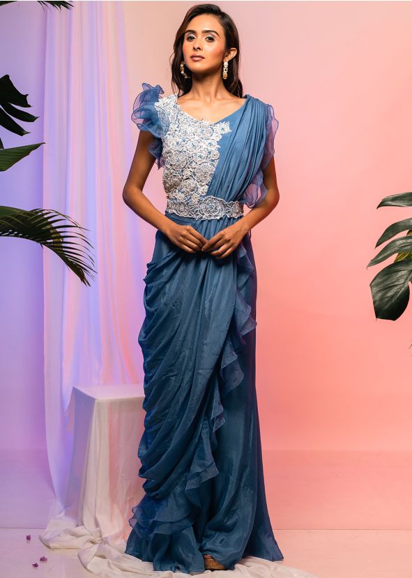 Blue Embroidered Top Palazzo With Draped Dupatta