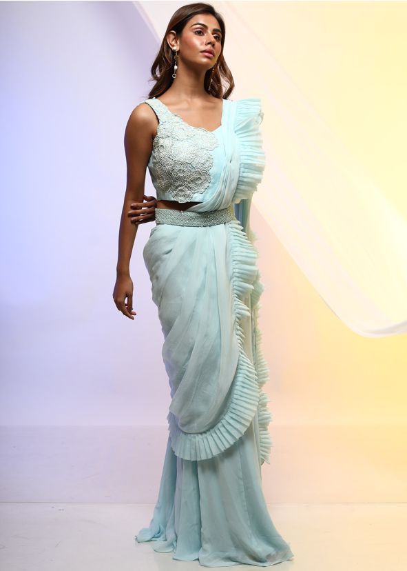 Blue Embroidered Top Palazzo & Draped Dupatta