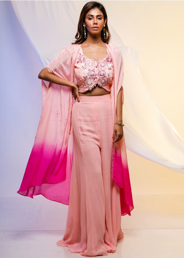 Pink Embroidered Cape Jacket Style Top And Palazzo