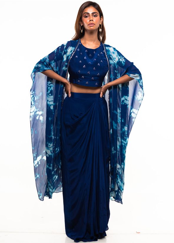 Blue Embroidered Cape Style Draped Skirt Set