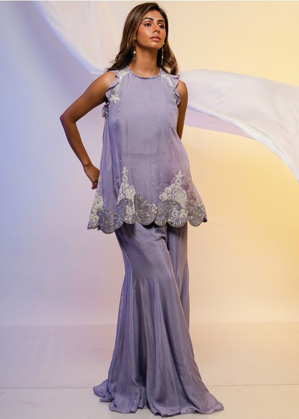 Purple Embroidered Top & Palazzo Set In Organza