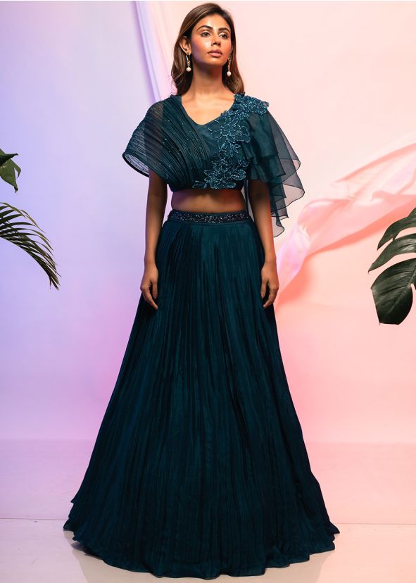 Readymade Blue Embroidered Skirt Set & Ruffled Dupatta