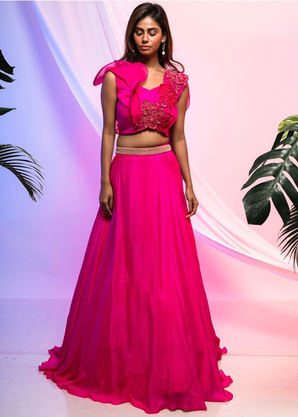 Readymade Pink Embroidered Chiffon Skirt Set & Dupatta