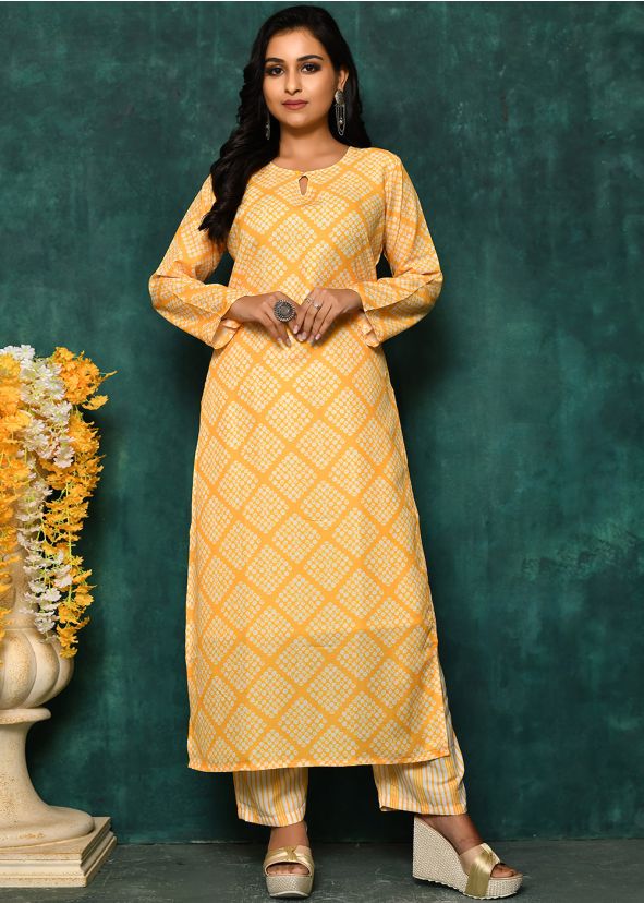 Yellow Readymade Printed Kurta Set In Cotton