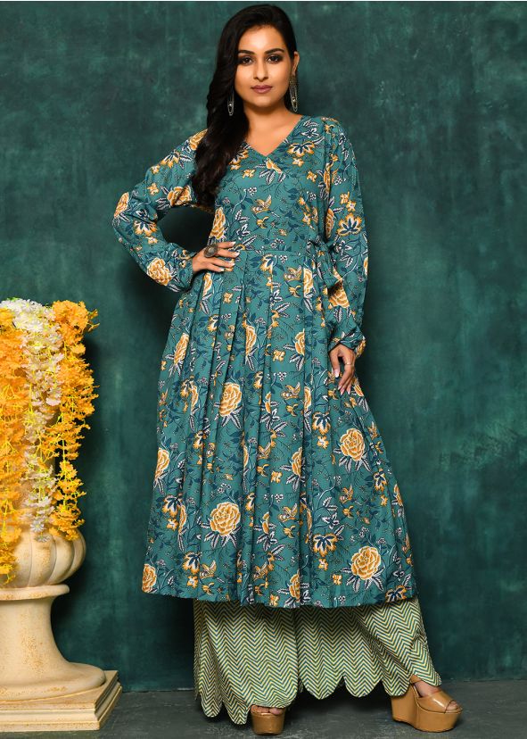 Green Readymade Floral Print Cotton Kurta Set