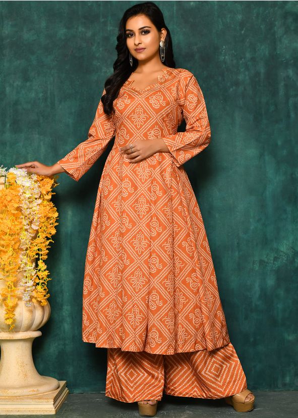 Orange Readymade Bandhej Printed Kurta Set In Cotton