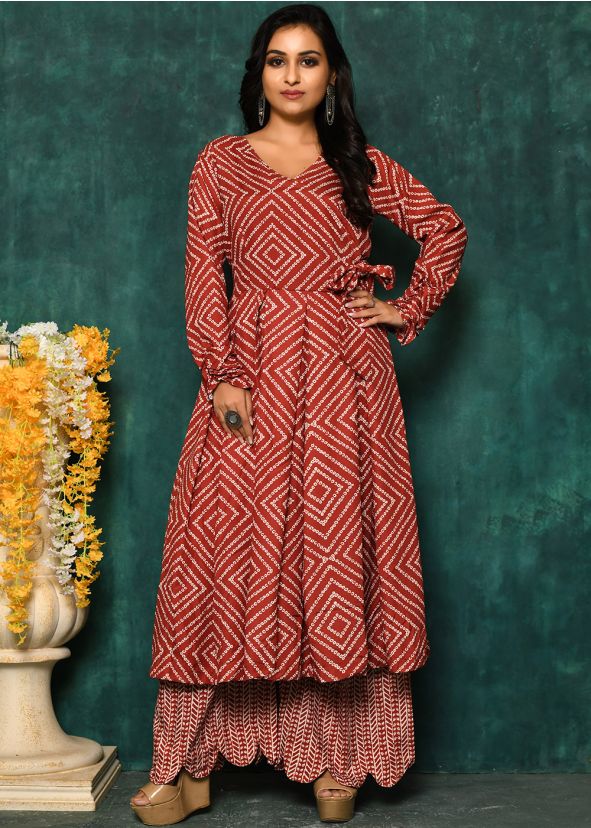 Red Readymade Bandhej Printed Kurta Set In Cotton