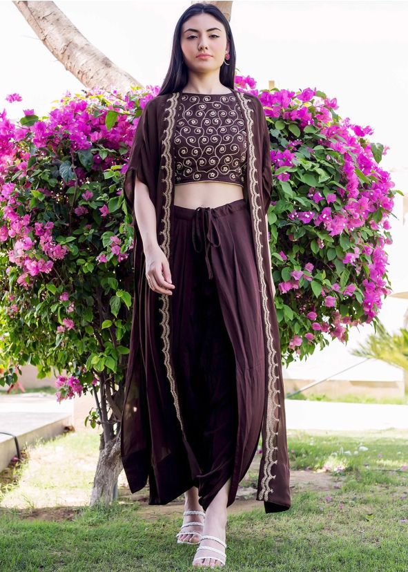 Purple Readymade Jacket Style Top With Dhoti Set