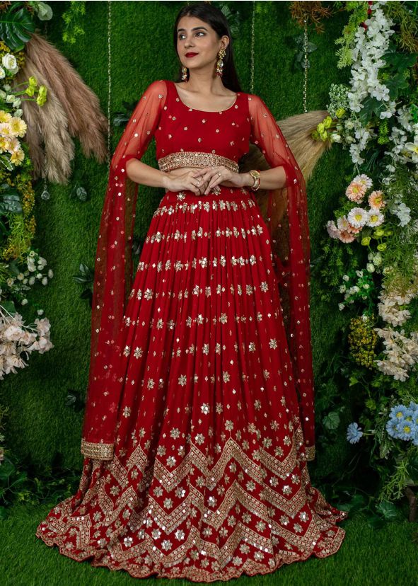 Red Cape Sleeved Top And Skirt With Sequins Details