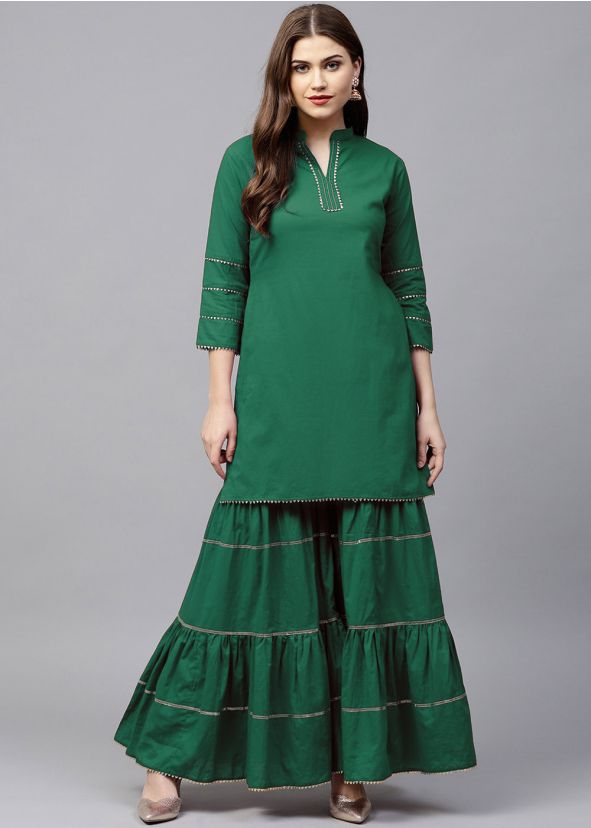 Readymade Green Gota Patti Rayon Kurti & Sharara