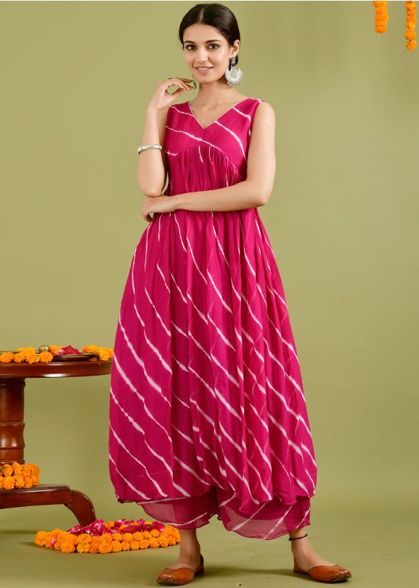 Pink Leheria Print Flared Kurta Set