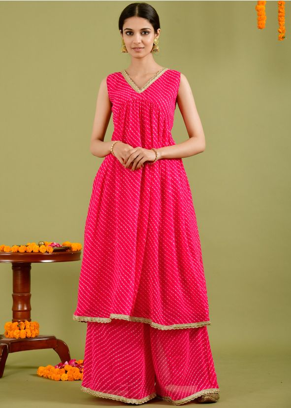 Pink Readymade Leheria Print Kurta Set