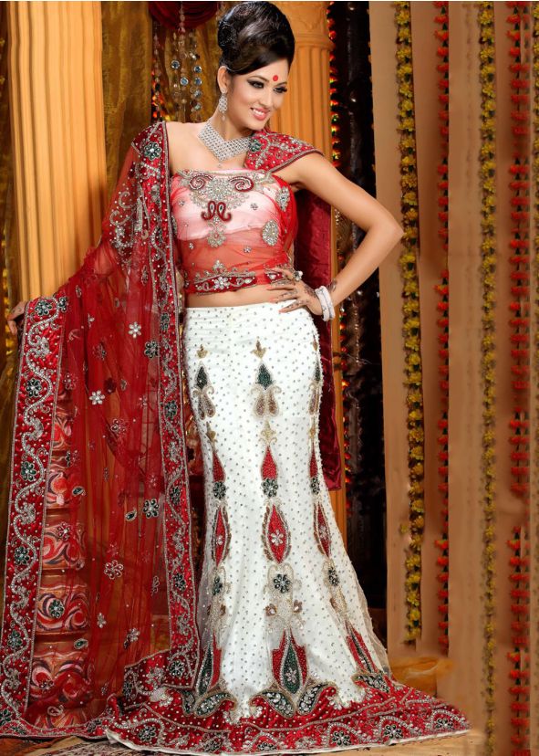 Embroidered White Net Lehenga