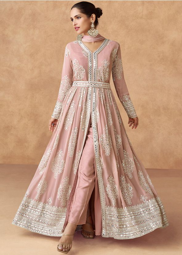 Light Pink Embroidered Readymade Slit Pant Suit