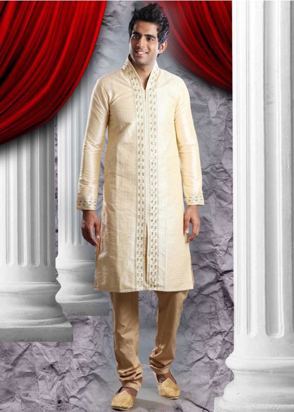 Readymade Cream Art Silk Kurta Pyjama