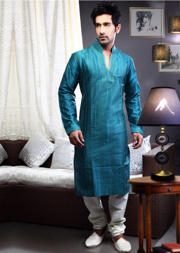 Readymade Blue Art Silk Kurta Pyjama