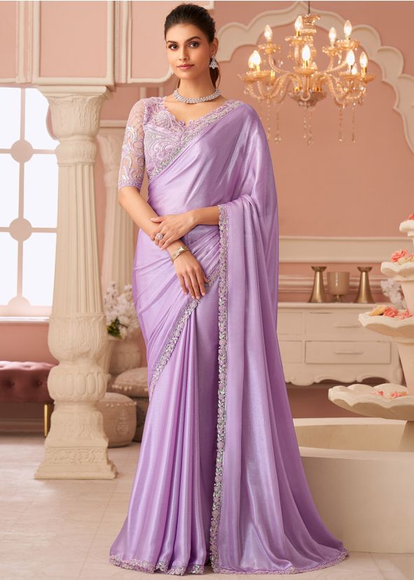 Purple Sequins Work Chiffon Saree
