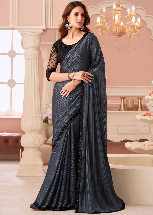 Grey Embroidered Georgette Saree