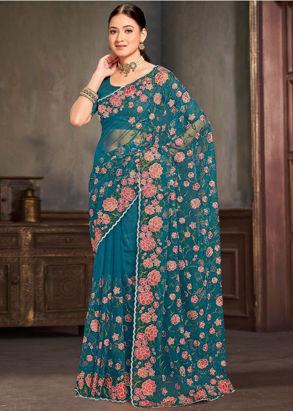 Blue Embroidered Saree In Net