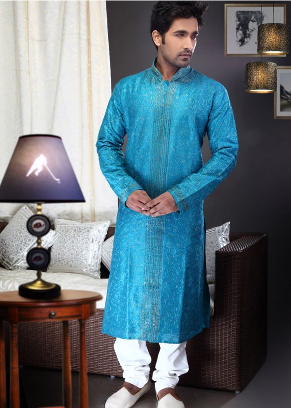 Readymade Blue Art Silk Kurta Pyjama