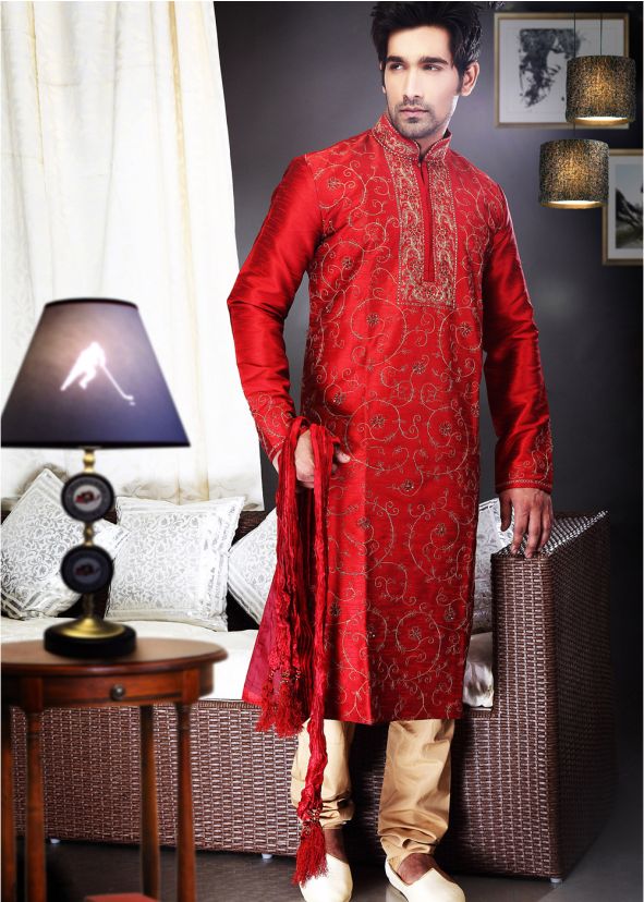 Readymade Red Art Silk Kurta Pyjama