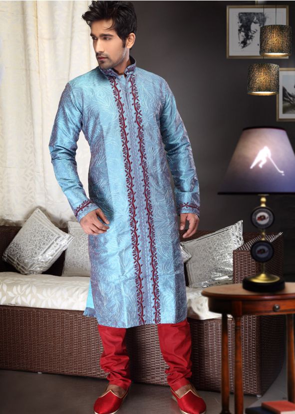 Readymade Blue Art Silk Kurta Pyjama