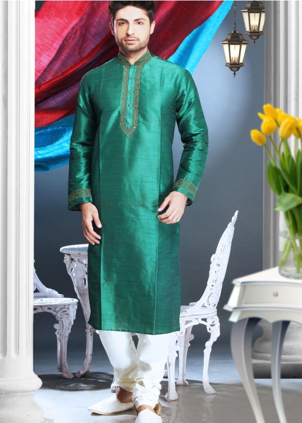 Readymade Green Art Silk Kurta Pyjama