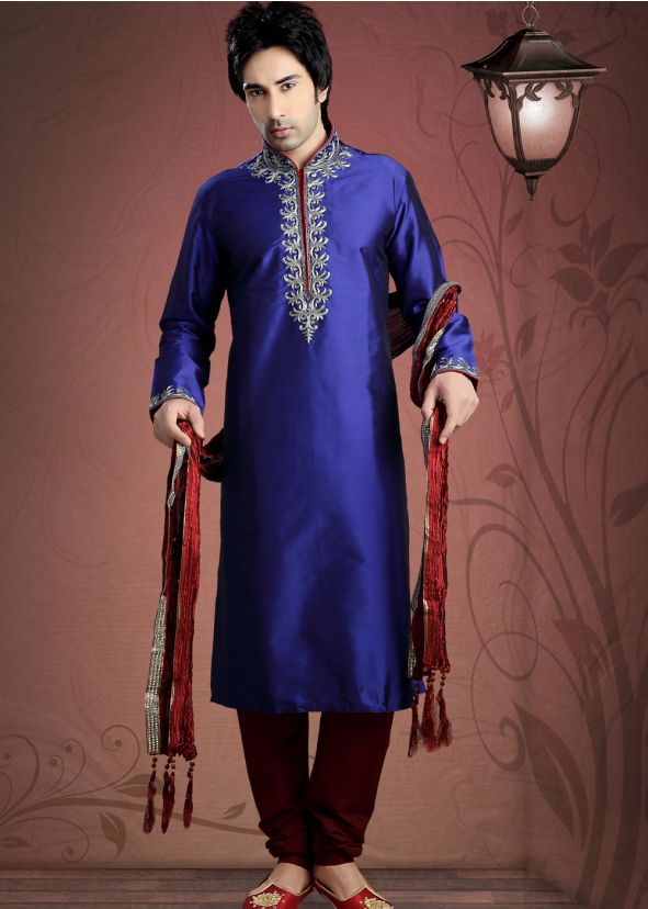 Readymade Navy Blue Art Silk Kurta Pyjama