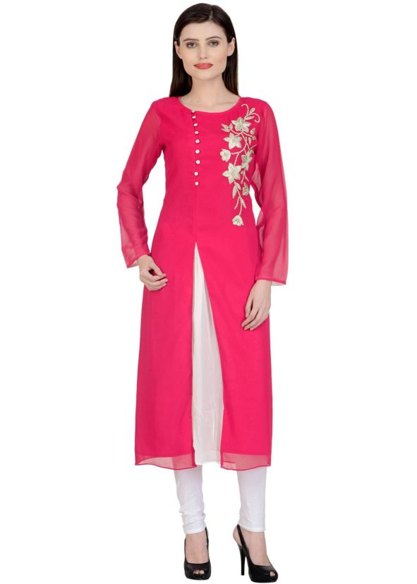 Pink Embroidered Kurta Set In Georgette