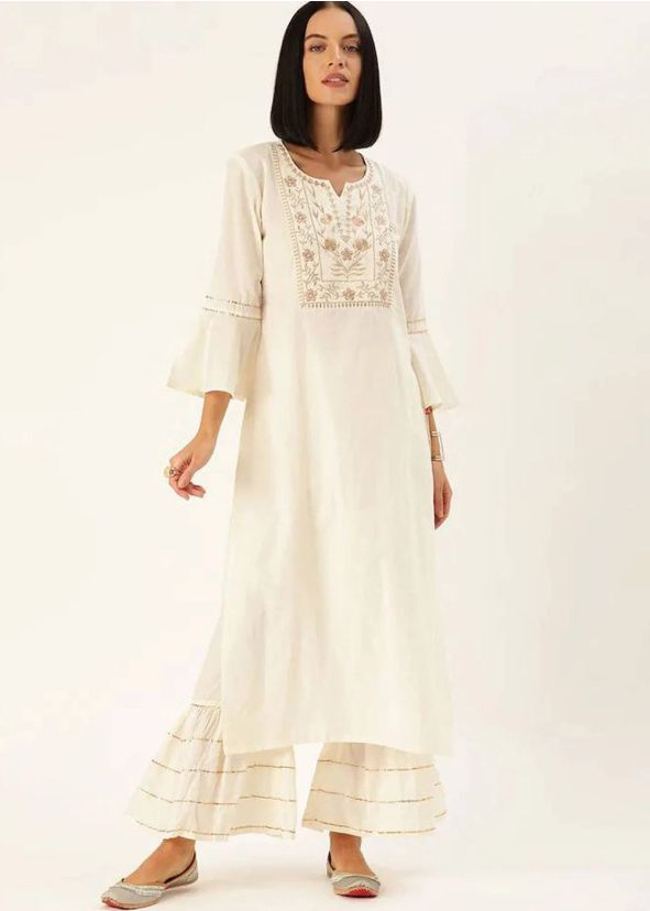 Off White Embroidered Kurta With Sharara