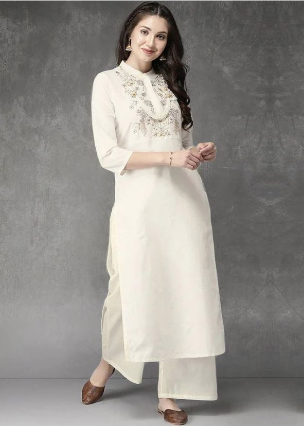 Off White Embroidered Kurta & Palazzo Set