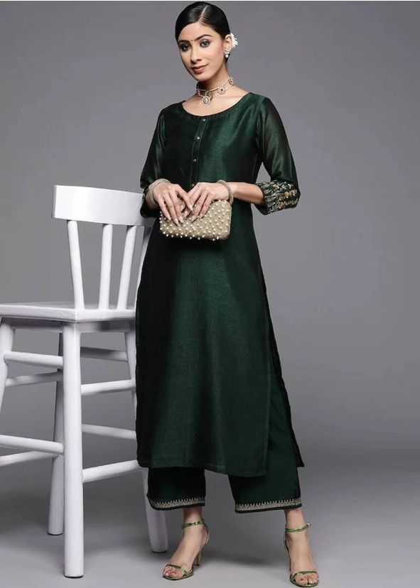 Readymade Green Embroidered Kurta Set