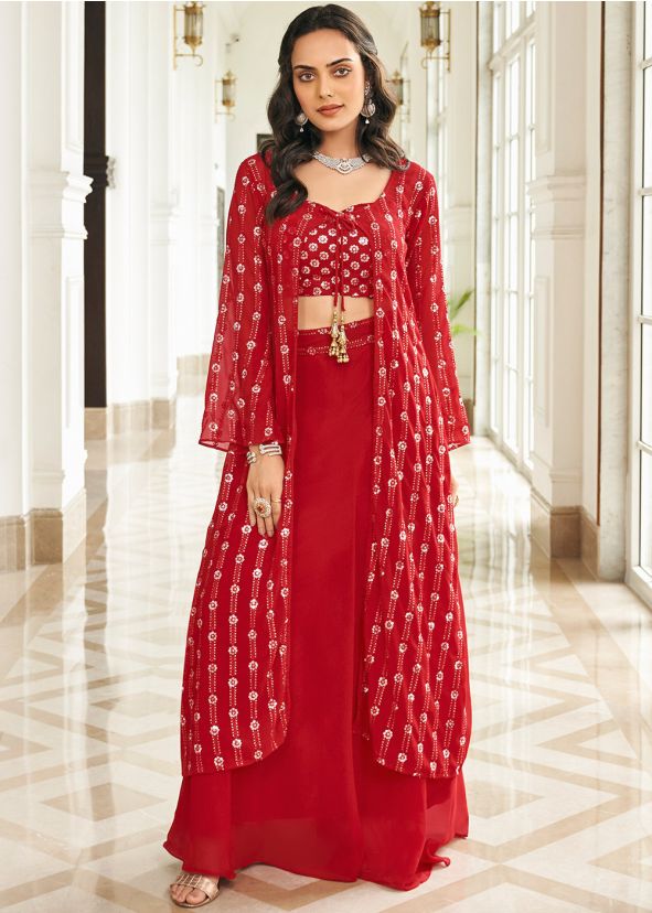 Red Embroidered Jacket Style Top & Skirt Set