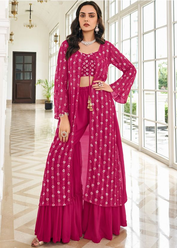 Pink Georgette Embroidered Jacket Style Top & Gharara Set