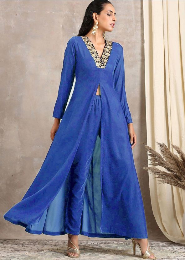 Blue Readymade Long Velvet Pant & Women Indian Tunic Online USA