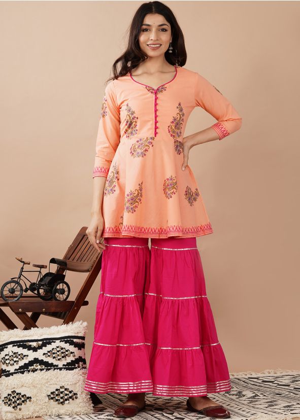 Peach Hand Block Printed Gharara Suit