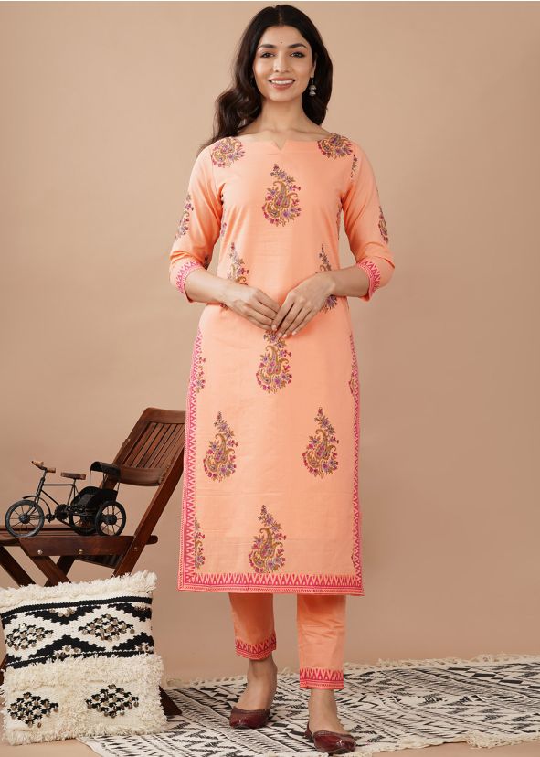 Peach Hand Block Printed Suit & Pant