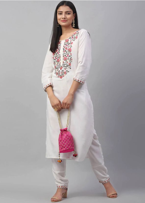 Readymade White Embroidered Kurta With Pant