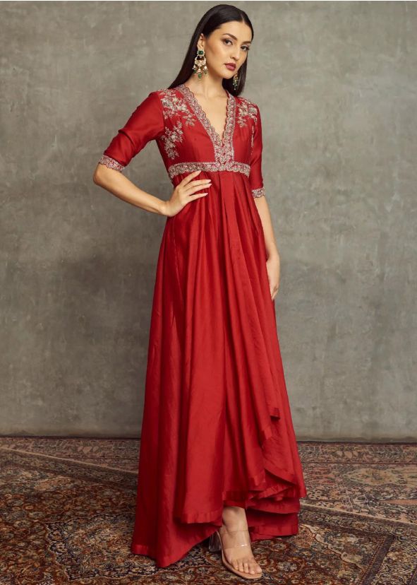 Red Embroidered Asymmetric Kurta & Pant