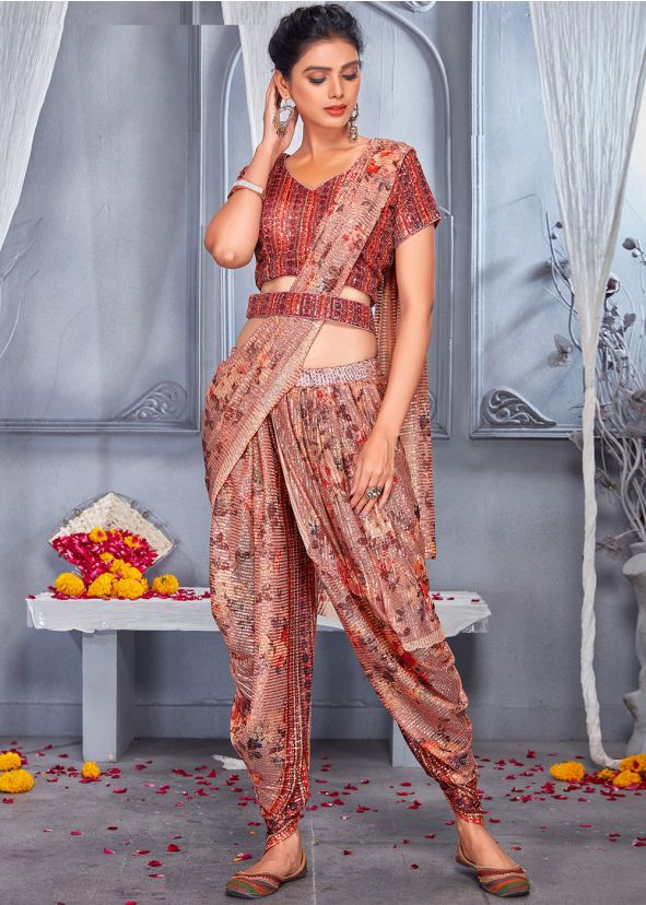 Peach Indo Western Sequinned Dhoti & Top With Belt