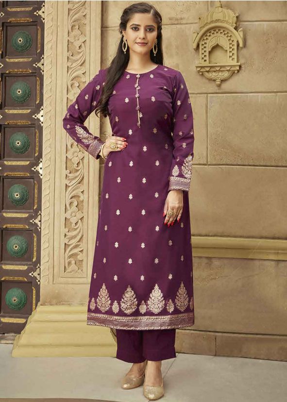 Purple Kurta & Pant In Woven Work