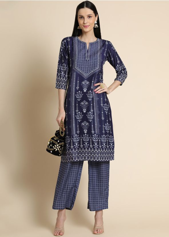 Blue Viscose Printed Kurta Pant Set