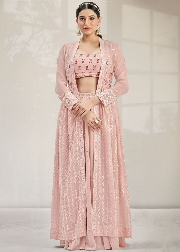 Pink Embroidered Georgette Skirt Set & Jacket