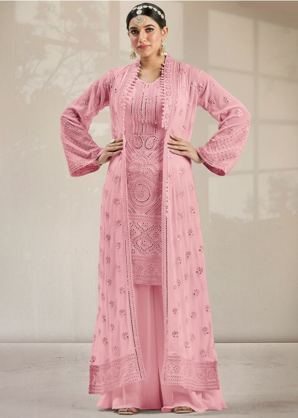 Pink Readymade Palazzo Set With Jacket